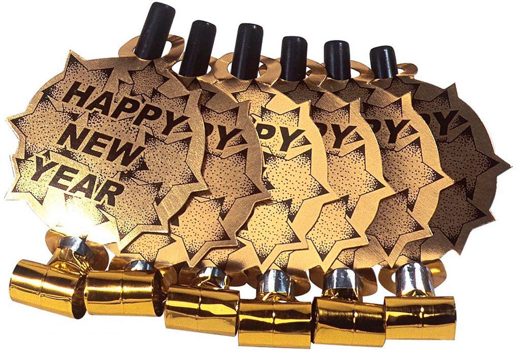 Gouden Happy New Year fluitjes 6 stuks