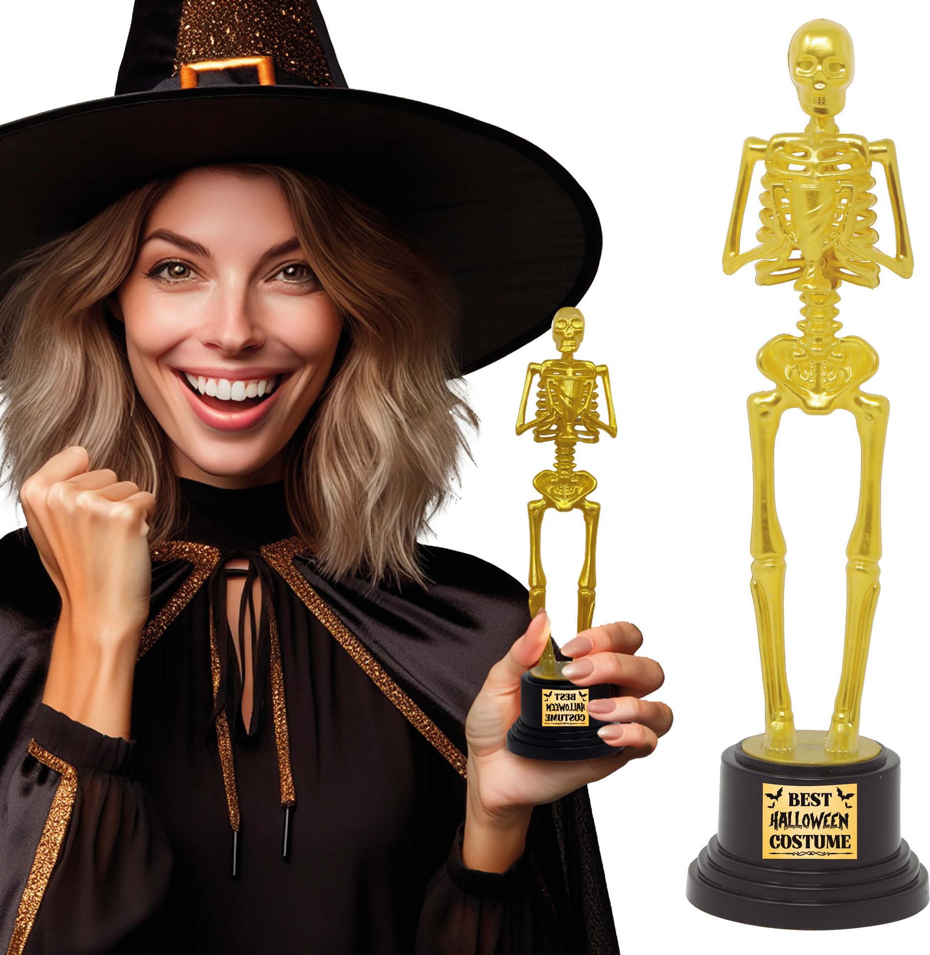 Gouden skelet beste halloween kostuum award plastic 22 cm