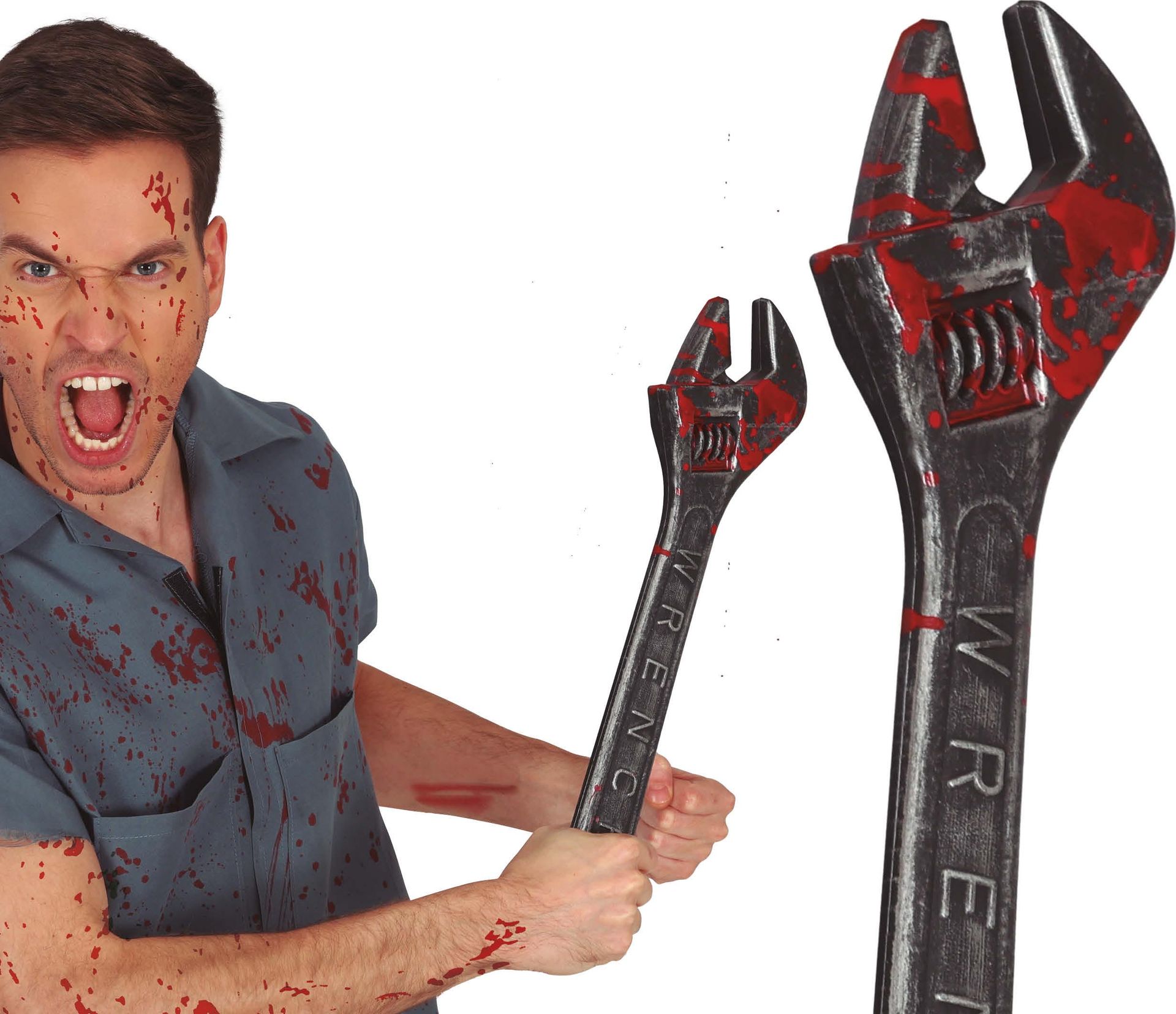 Grijze moersleutel met bloedspetters 45 cm halloween