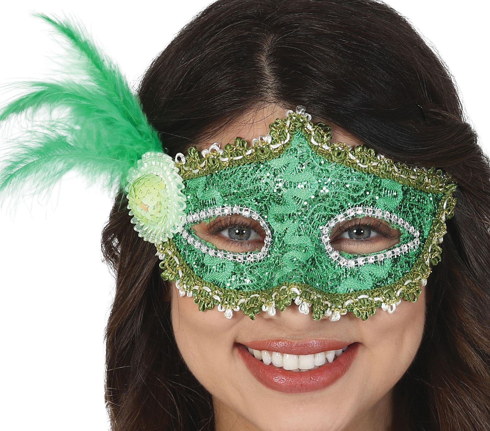 Groen Venetiaans Oogmasker met Veren
