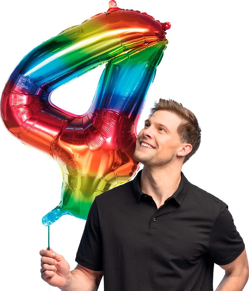 Grote Regenboog Folieballon Cijfer '4' 86 cm
