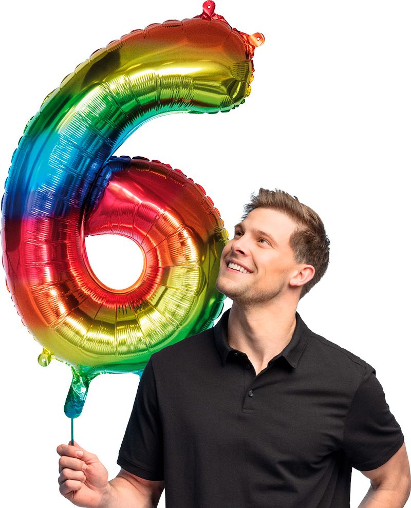 Grote Regenboog Folieballon Cijfer '6' 86 cm