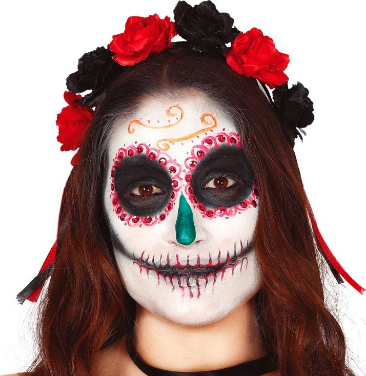 Haarband zwart rode bloemen day of the dead