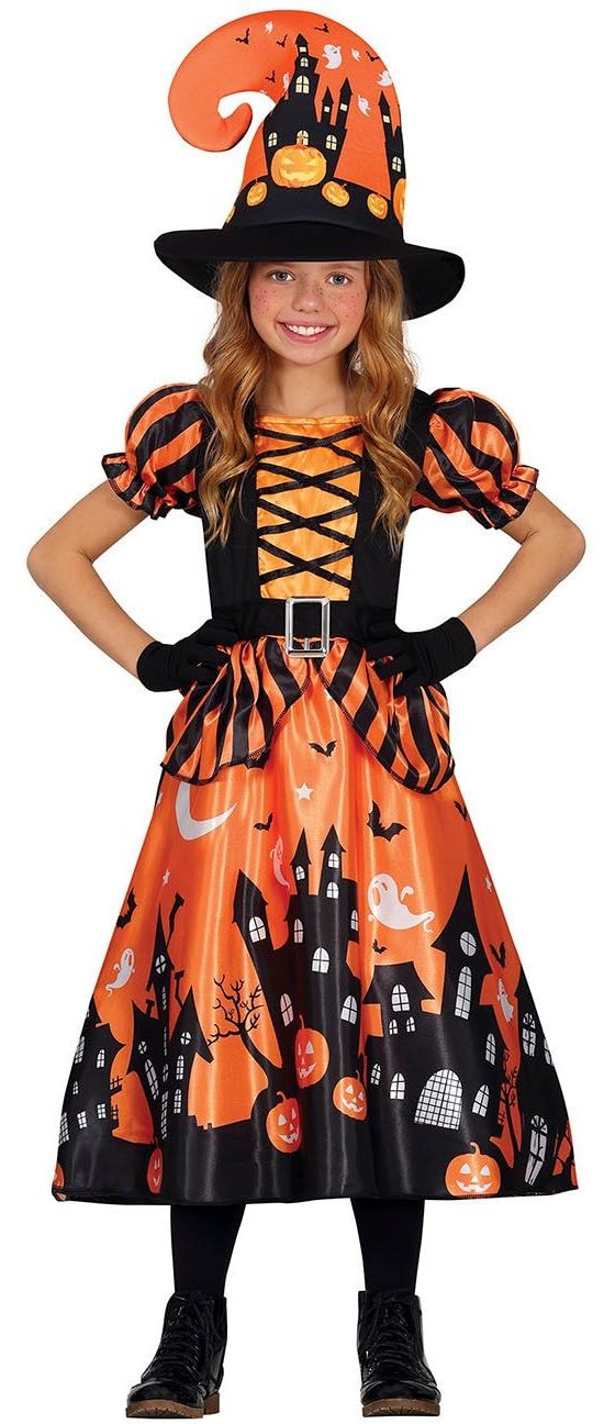 Halloween oranje spookhuis heks jurk meisje