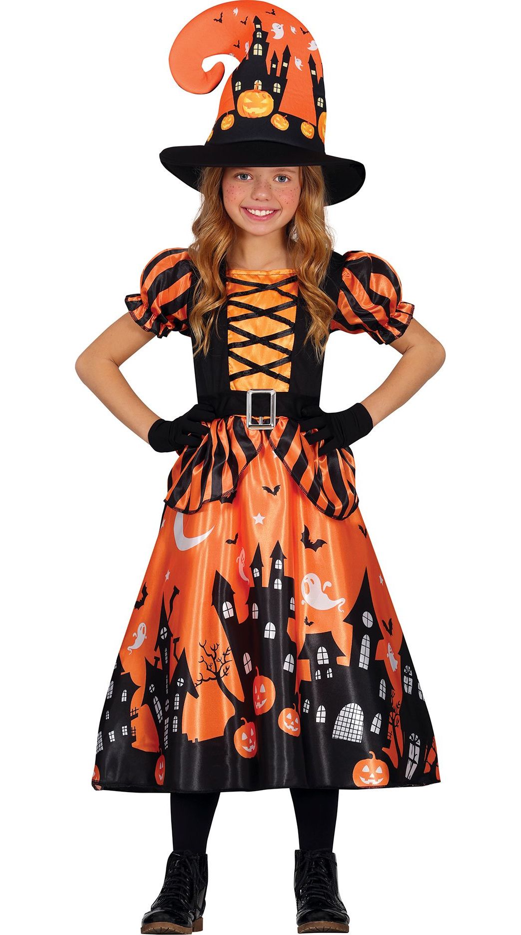 Halloween oranje spookhuis heks jurk meisje