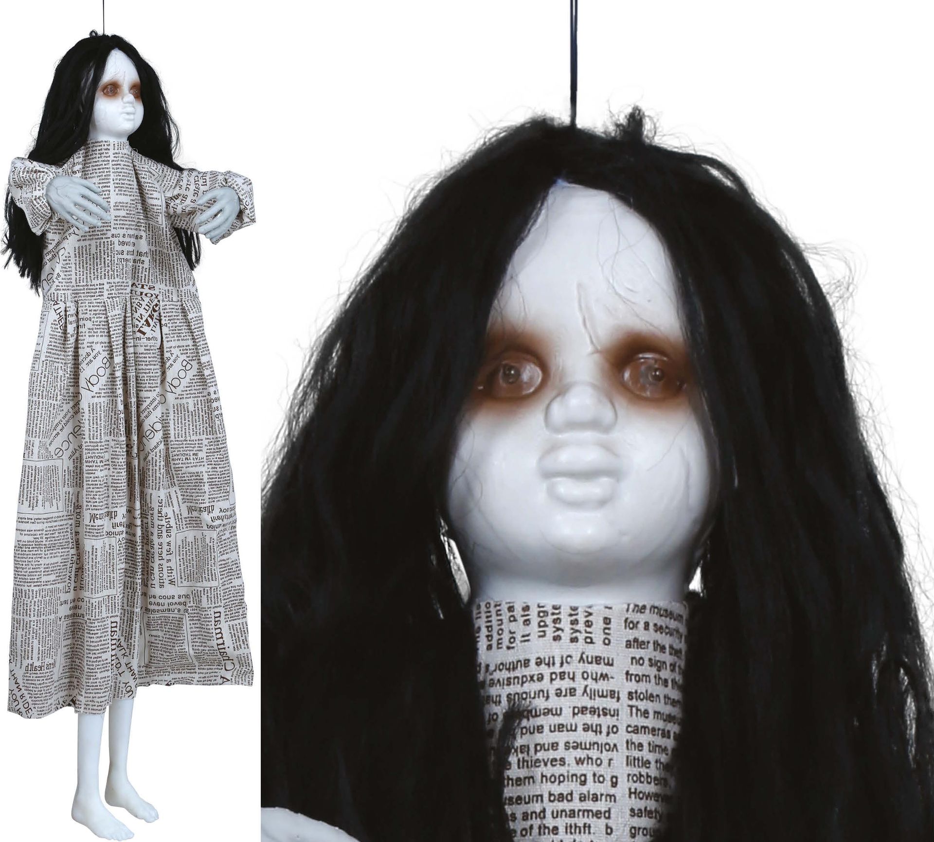 Hangdecoratie geest krantenjurk met licht en geluid 120 cm halloween