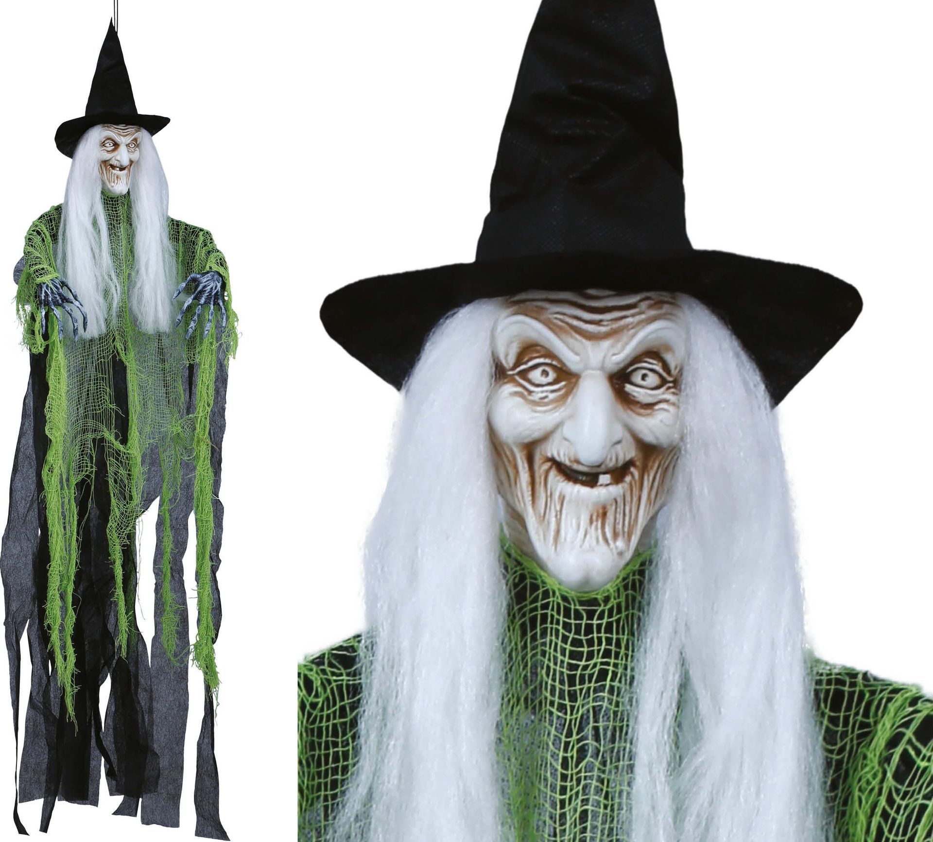 Hangdecoratie heks met groene tuniek en wit haar 100 cm halloween