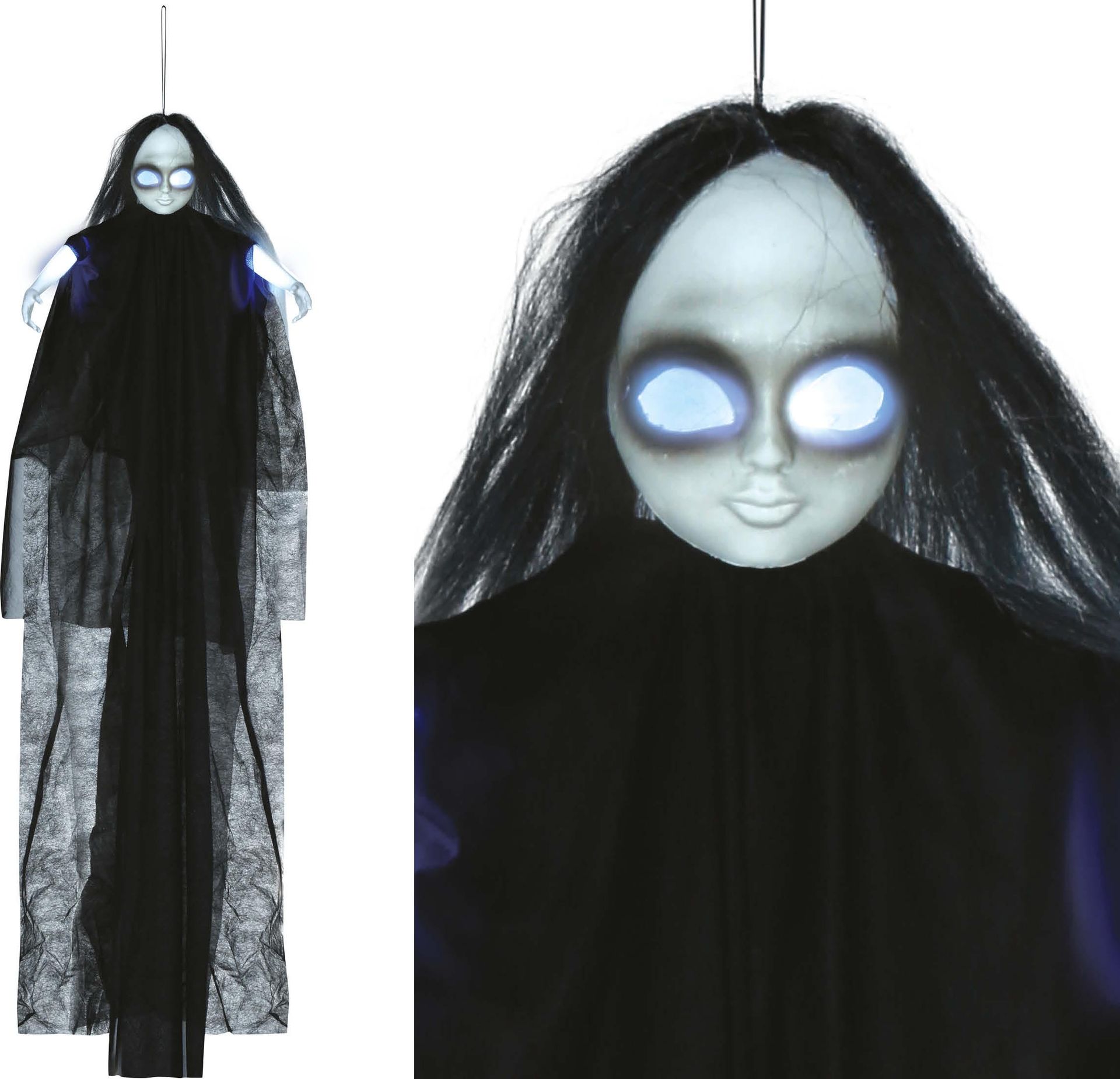 Hangdecoratie meisje met zwarte ogen, licht en geluid halloween