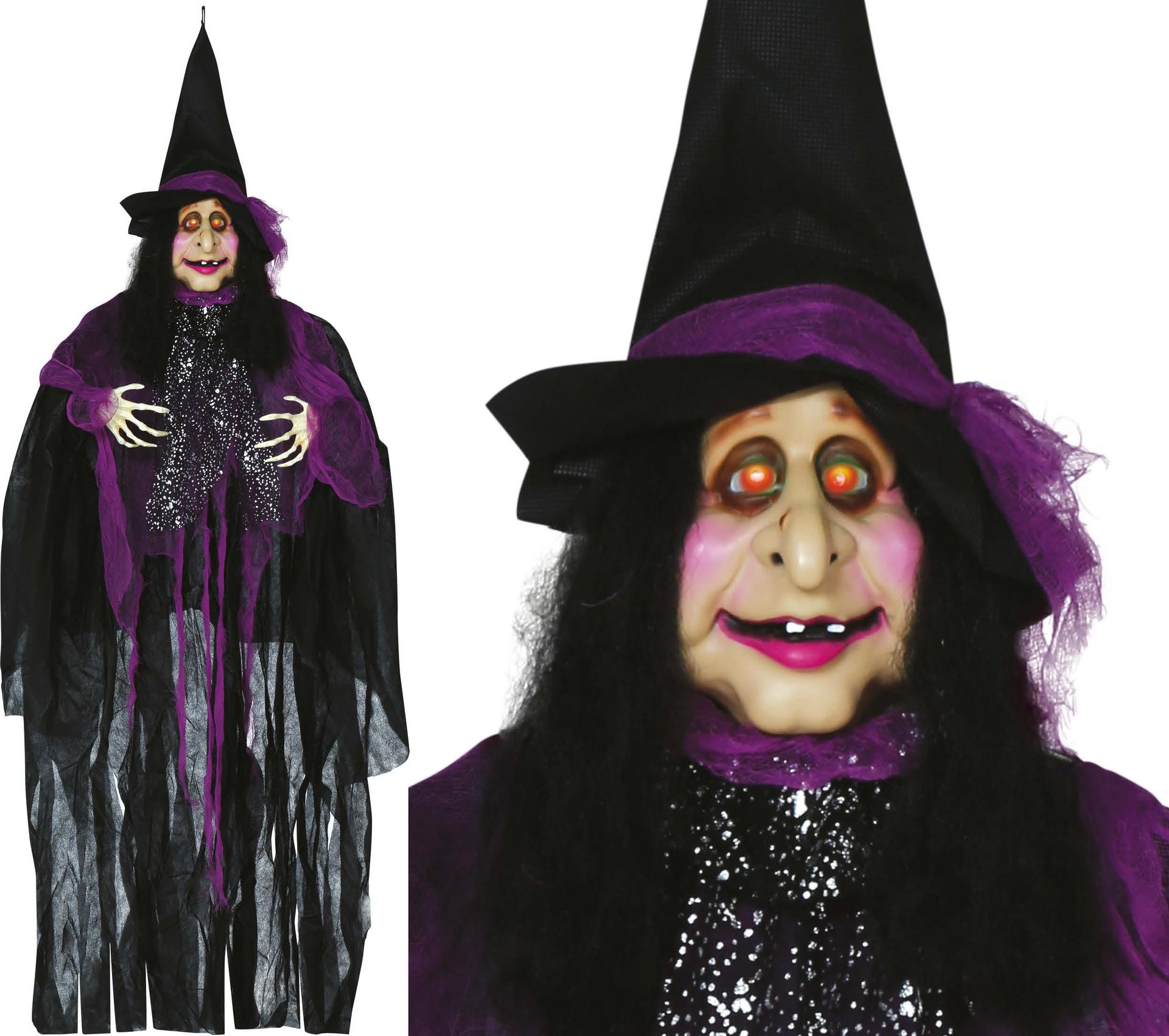 Hangdecoratie paarse heks met licht en geluid 120 cm halloween