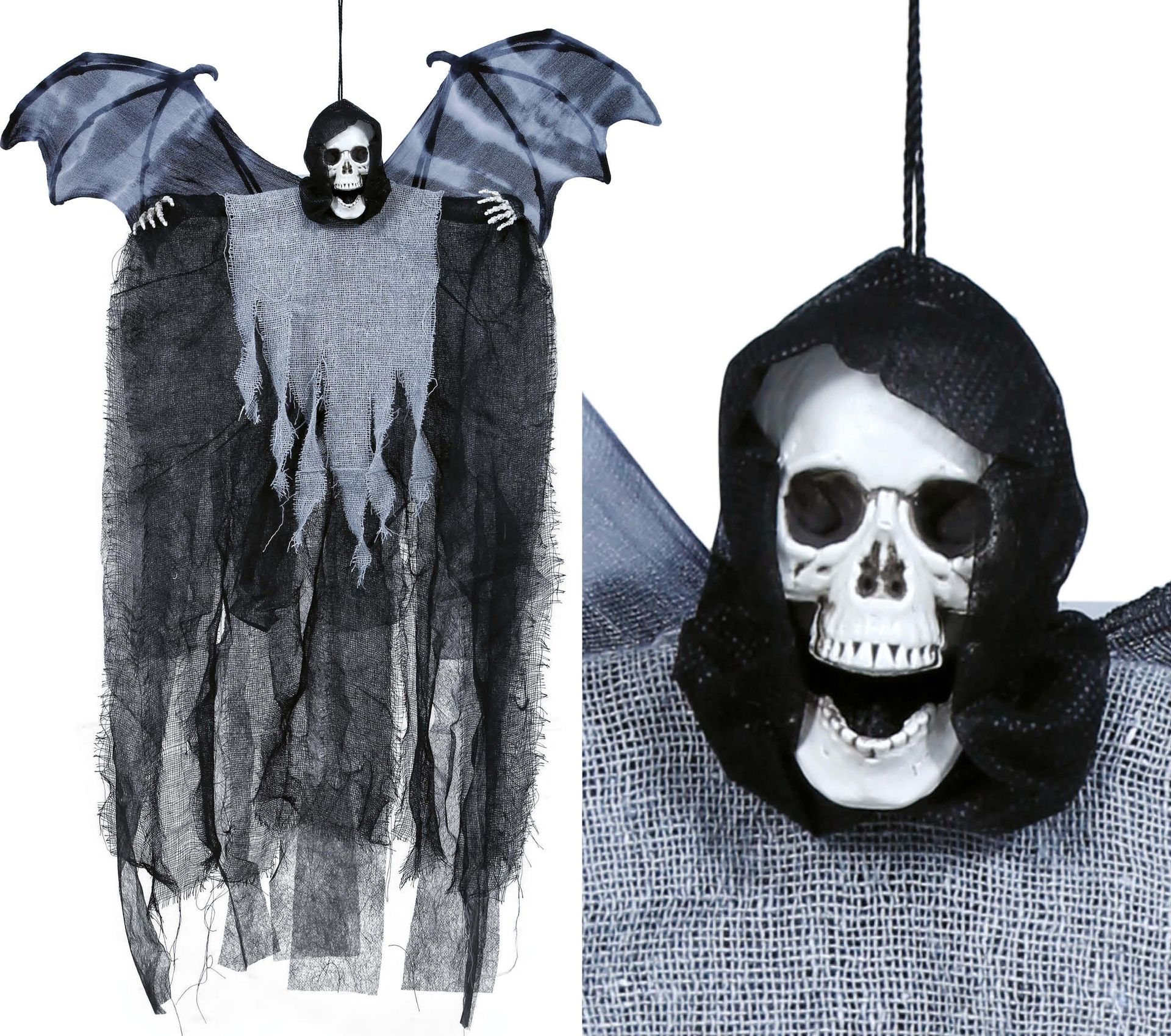 Hangdecoratie skelet met grijs tuniek en vleugels 60 cm halloween