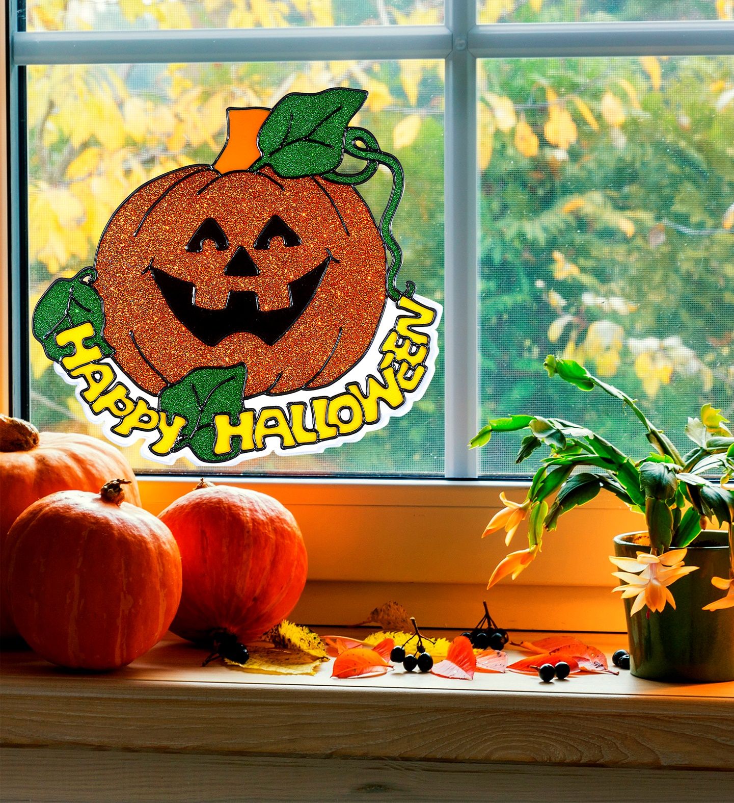 Happy halloween pompoen raam sticker