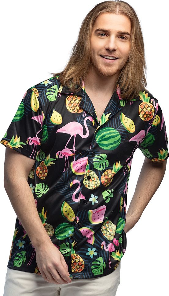 Heren Zwart Flamingo Hawaii Shirt Themafeest