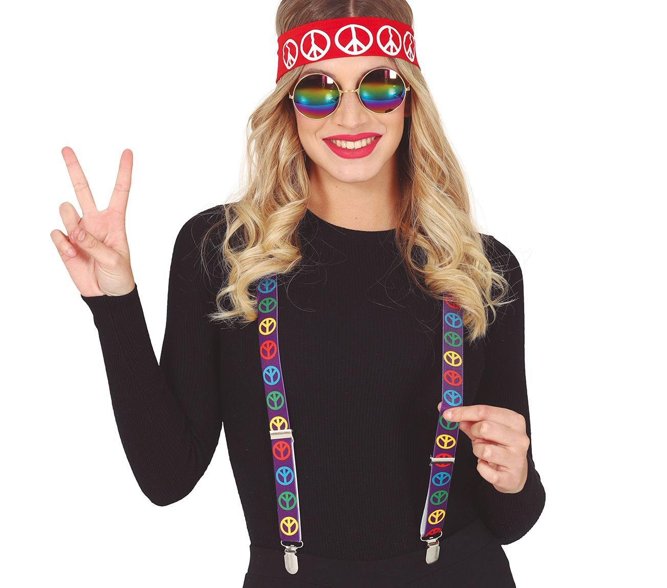 Hippie hoofdband, bril en bretels