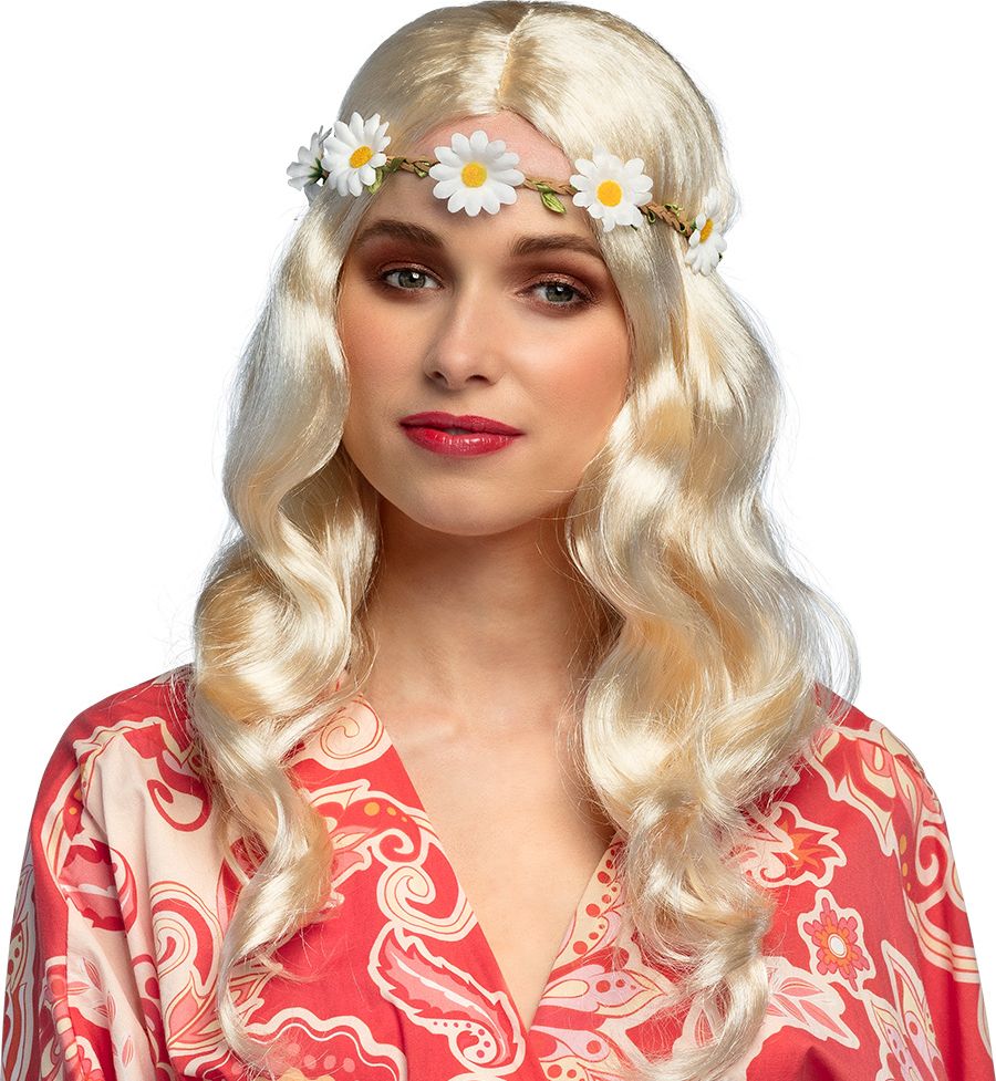 Hippie pruik blond met bloemen