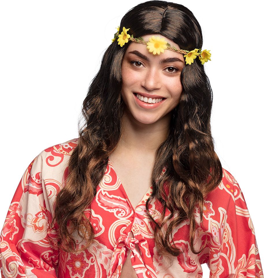 Hippie pruik bruin met bloemen