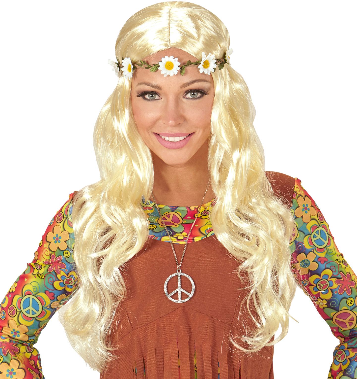 Hippie pruik met madeliefjes hoofdband