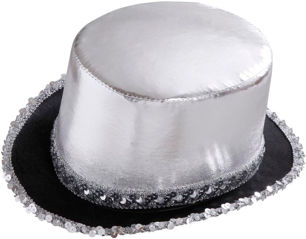 Hoge hoed met pailletten rand zilver