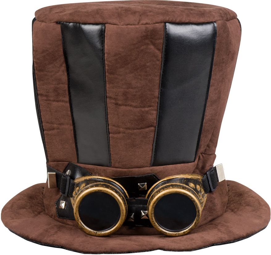 Hoge steampunk hoed met bril bruin