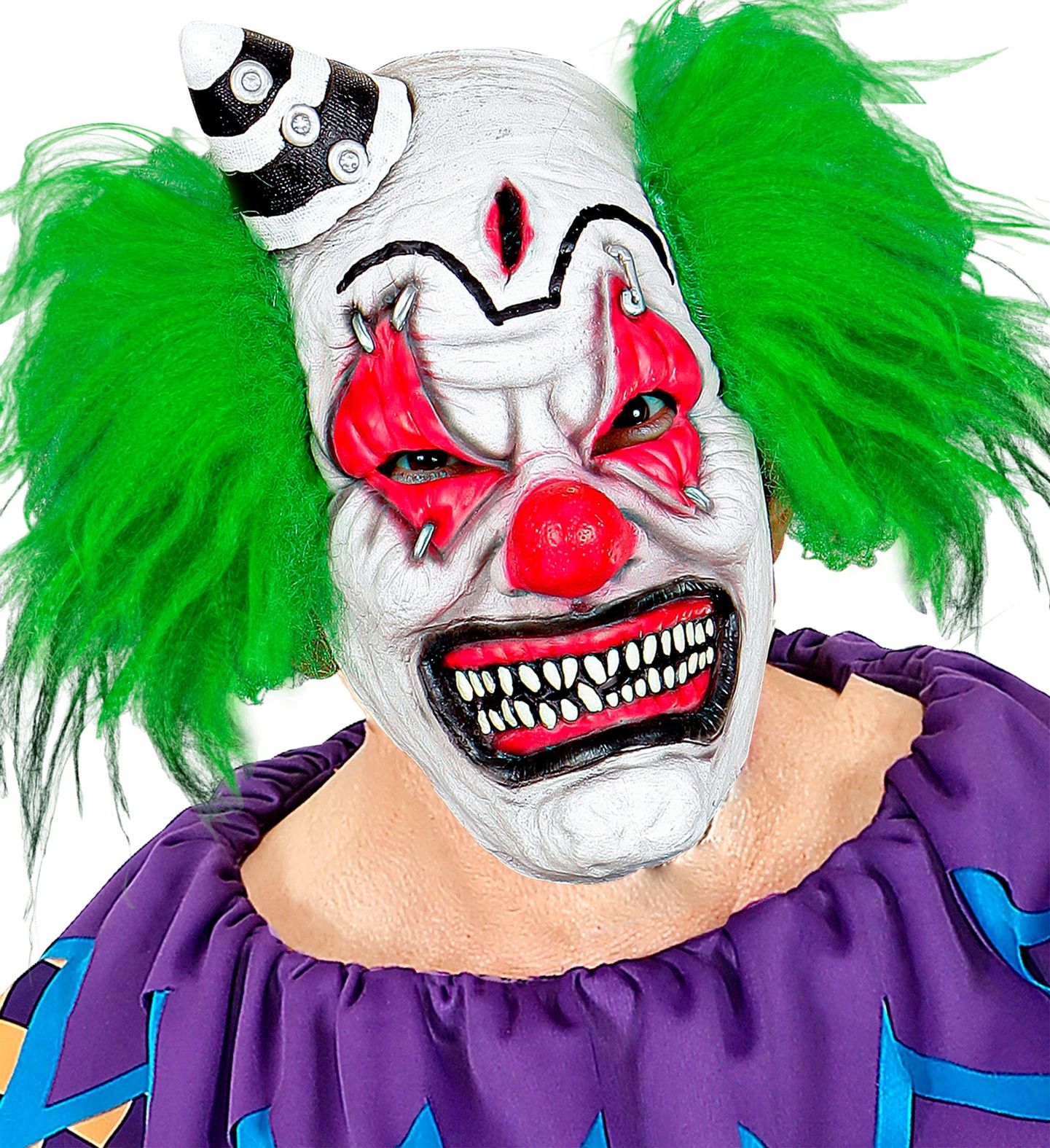 Horror clown masker met hoedje en haar