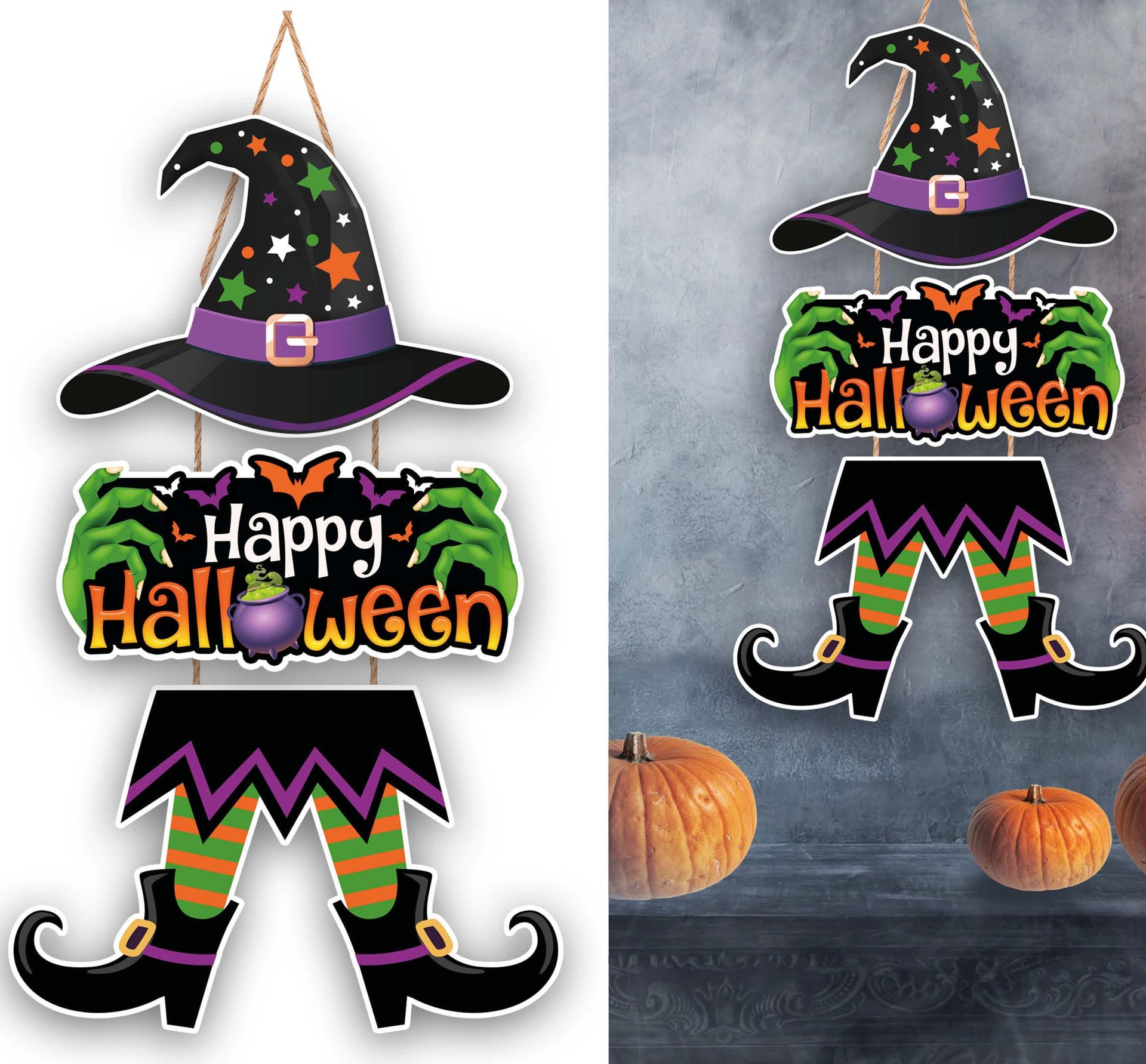 Houten decoratie bord heks 3 delig 55 cm halloween