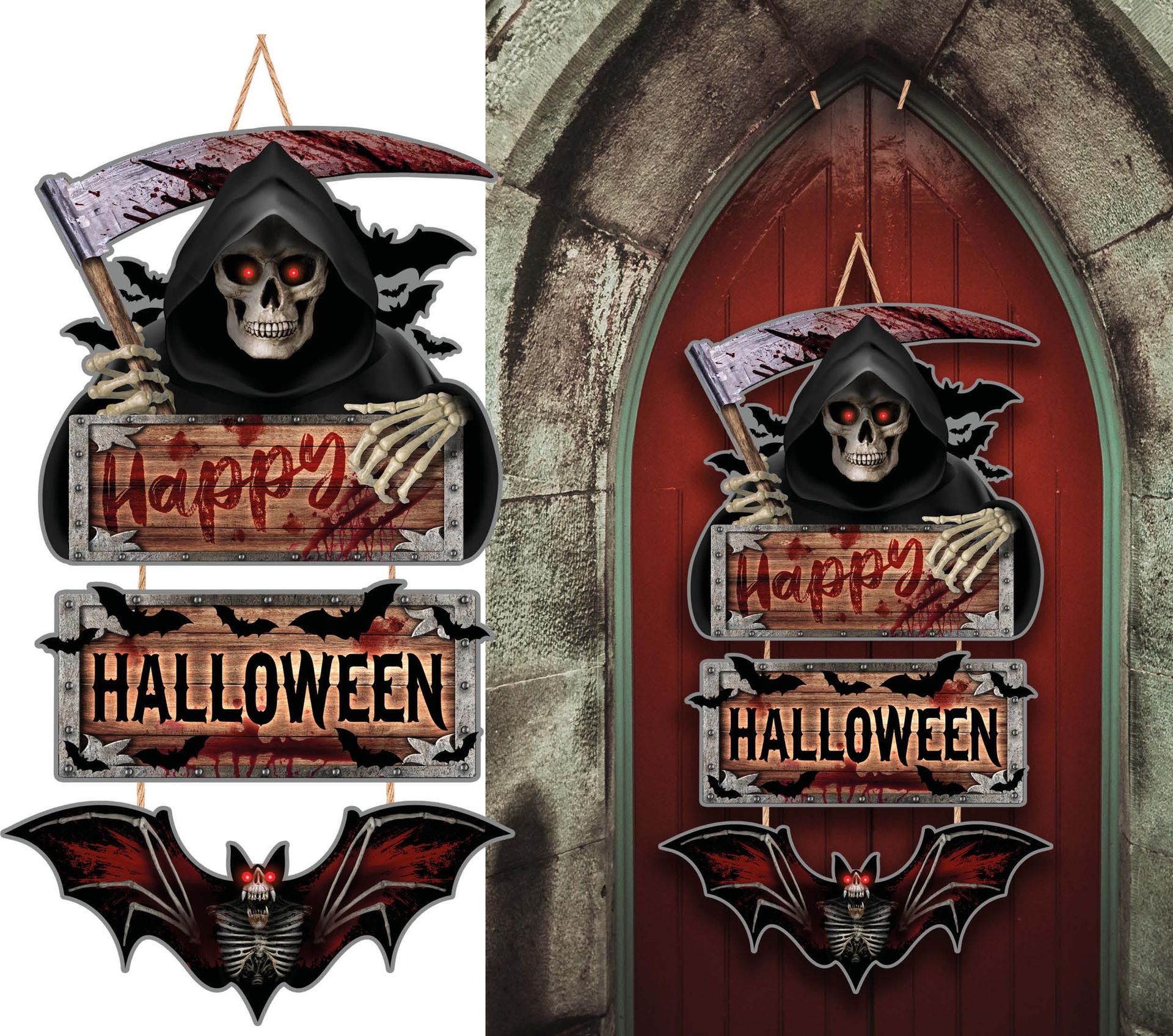Houten decoratie bord magere hein 3 delig 60 cm halloween