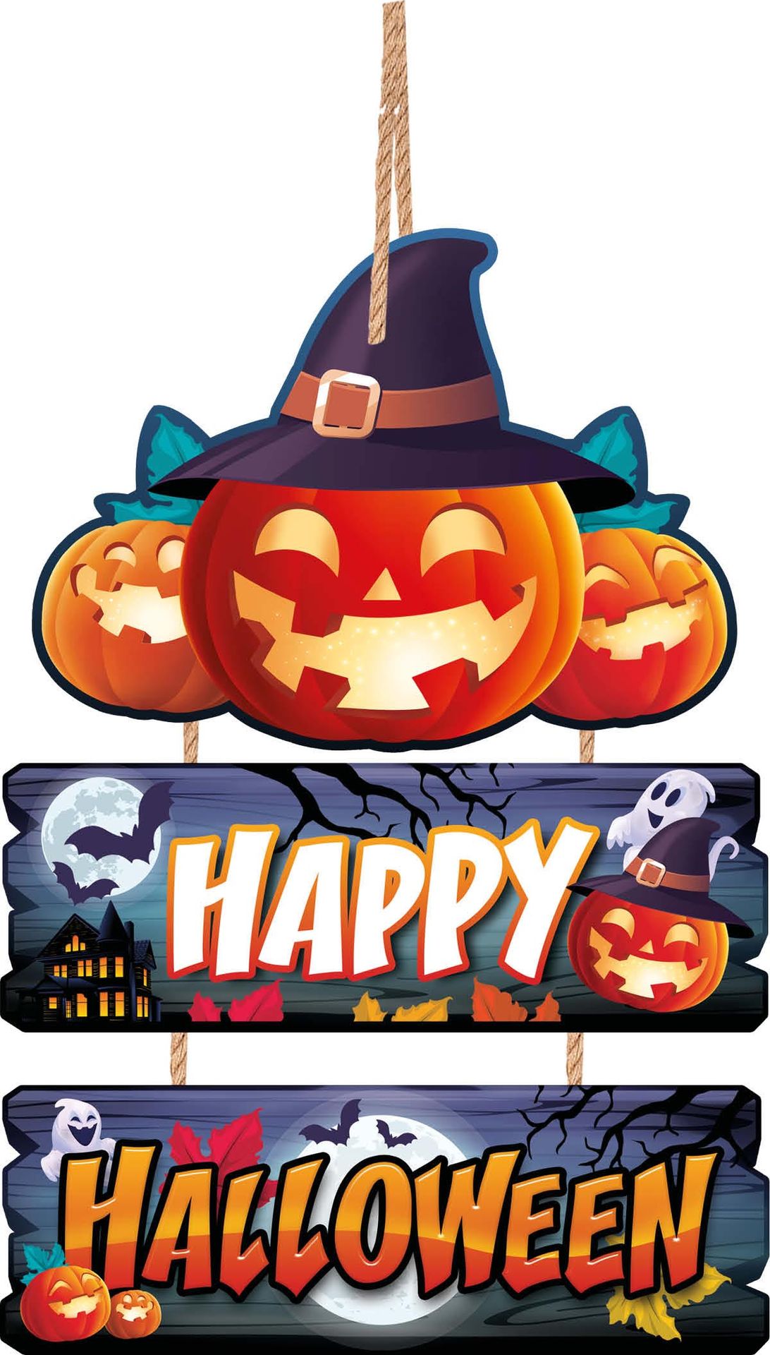 Houten "Happy Halloween" pompoen bord 3 delig 32 x 21 cm