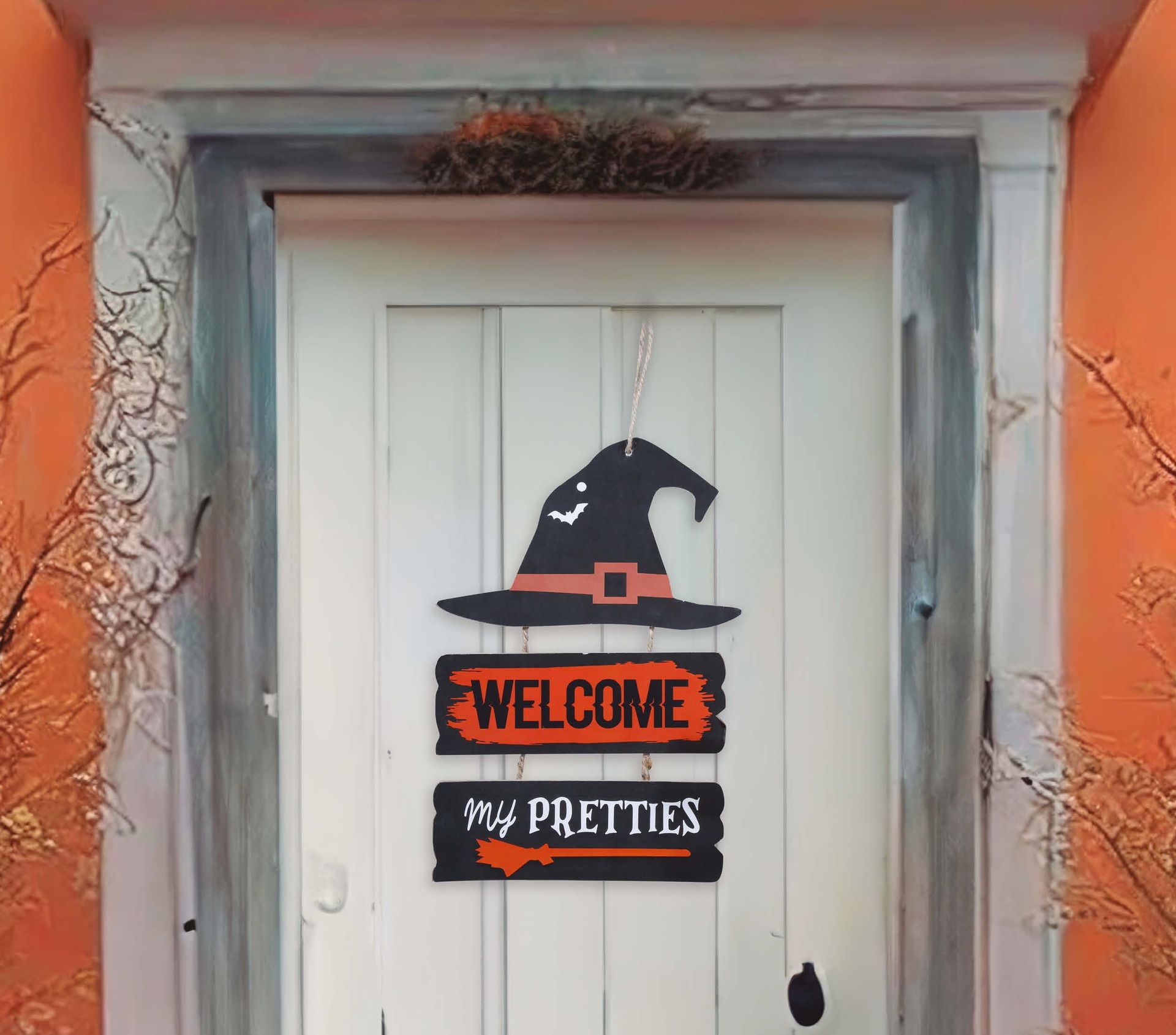 Houten welkomstbord heks 32 x 21 cm halloween