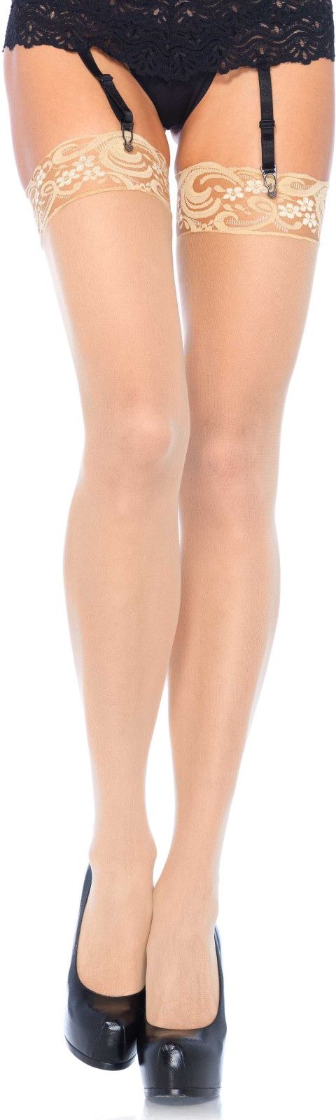 Huidskleur transparante nylon kousen met kanten top