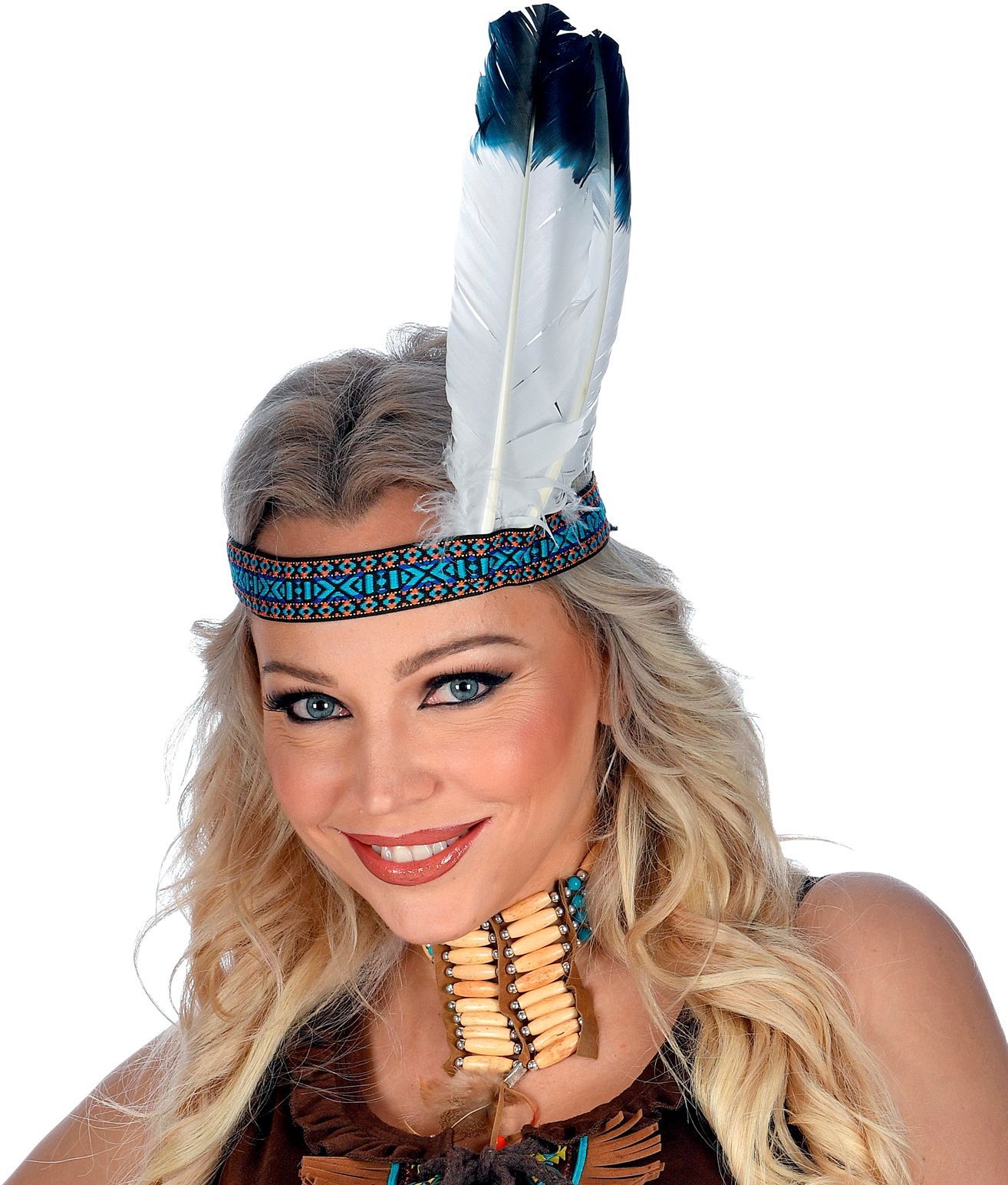 Indianen hoofdband blauw met veren