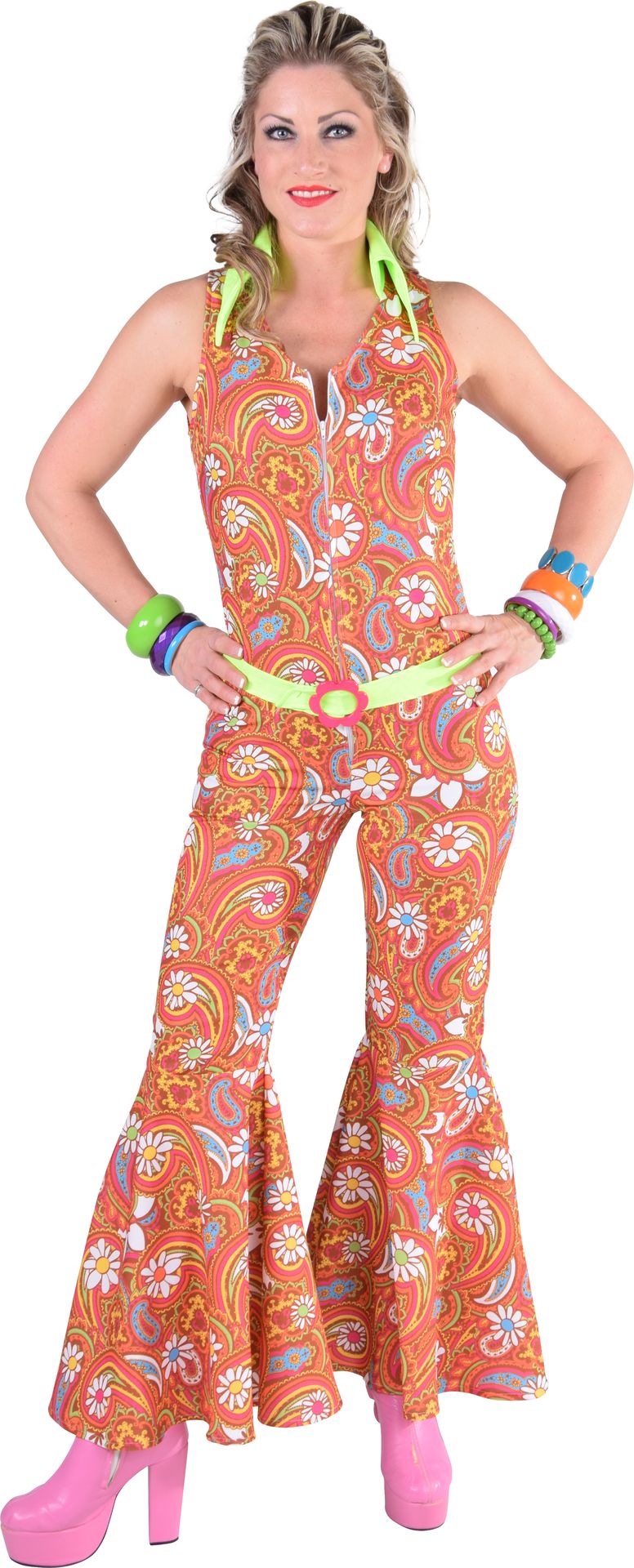 Jaren 60 hippie jumpsuit oranje vrouwen