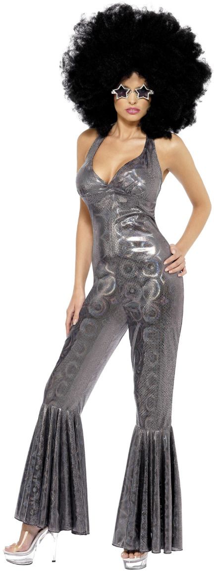 Jaren 70 zilveren disco jumpsuit