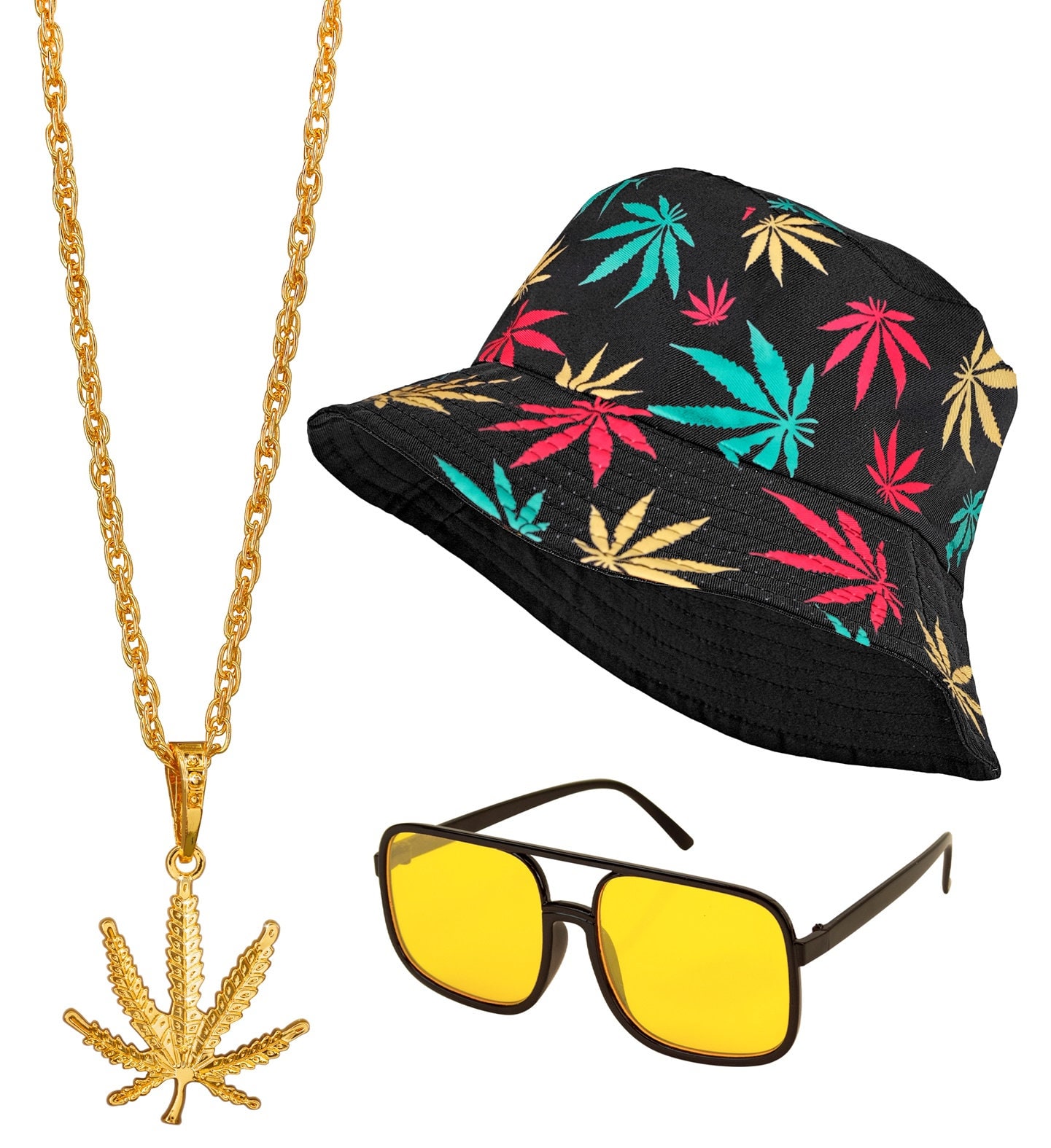 Jaren 90 Hiphop Set met Bucket Hat Glazen en Ketting Wiet