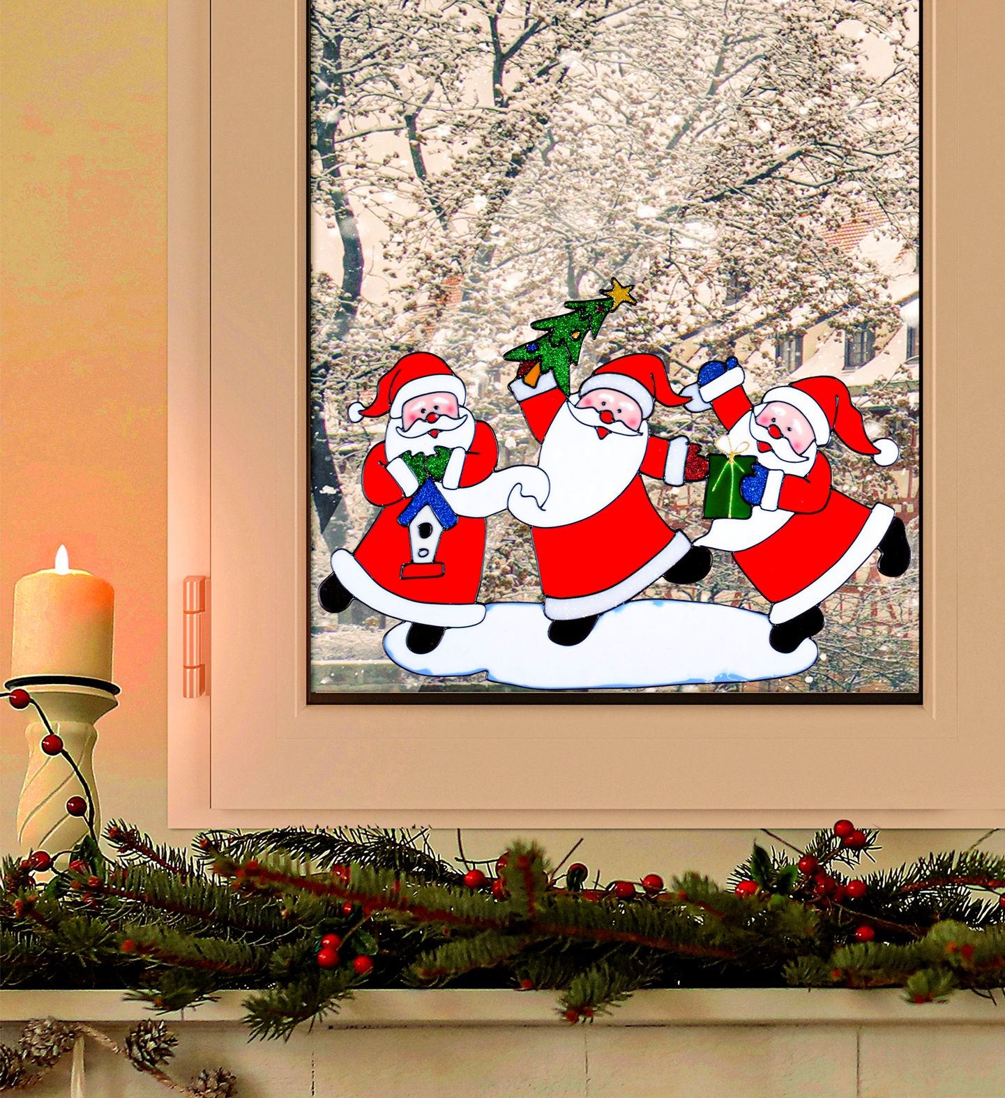 Kerst raam sticker drie kerstmannen