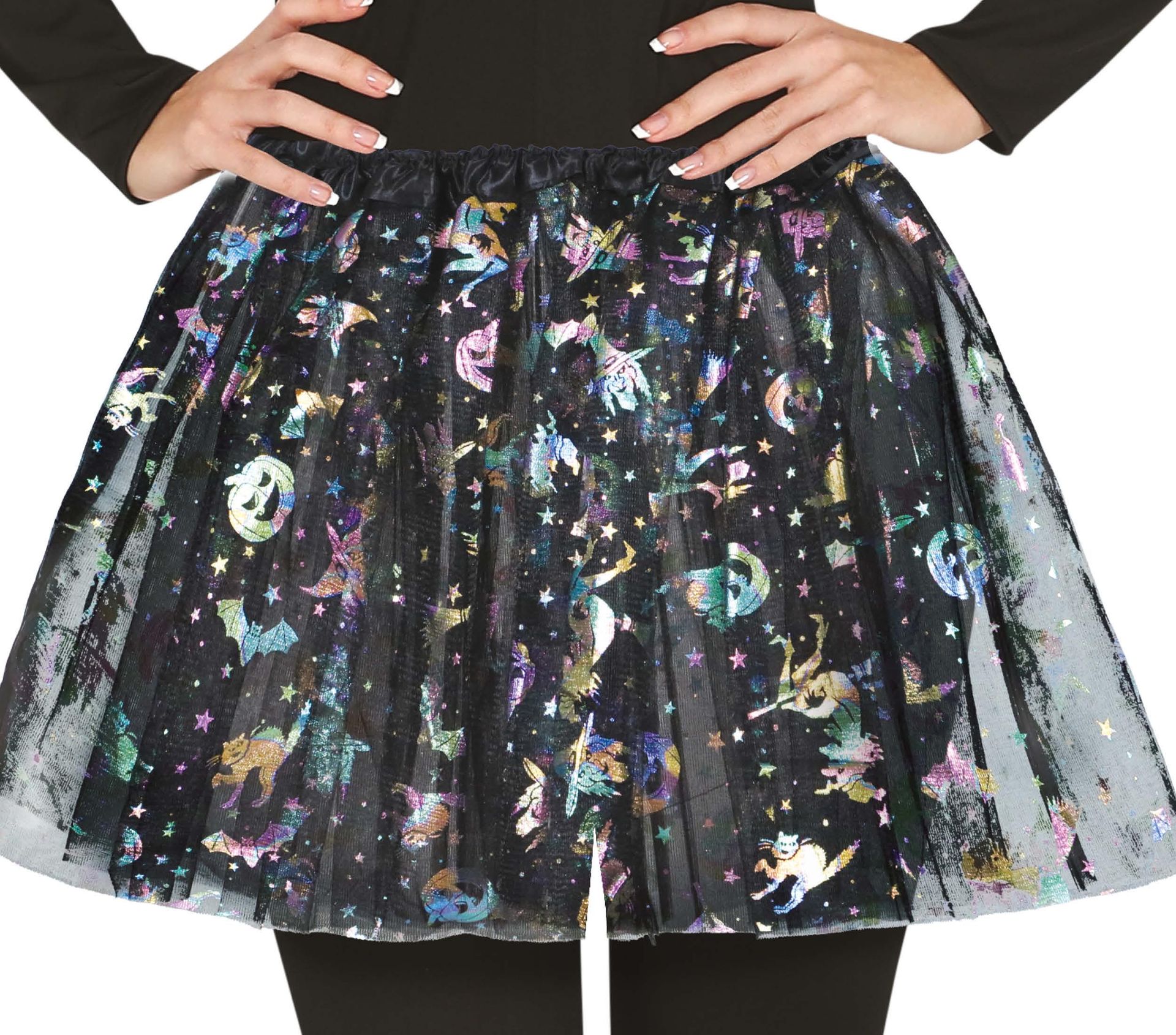 Kleurrijke tutu met halloweenfiguren dames 40 cm