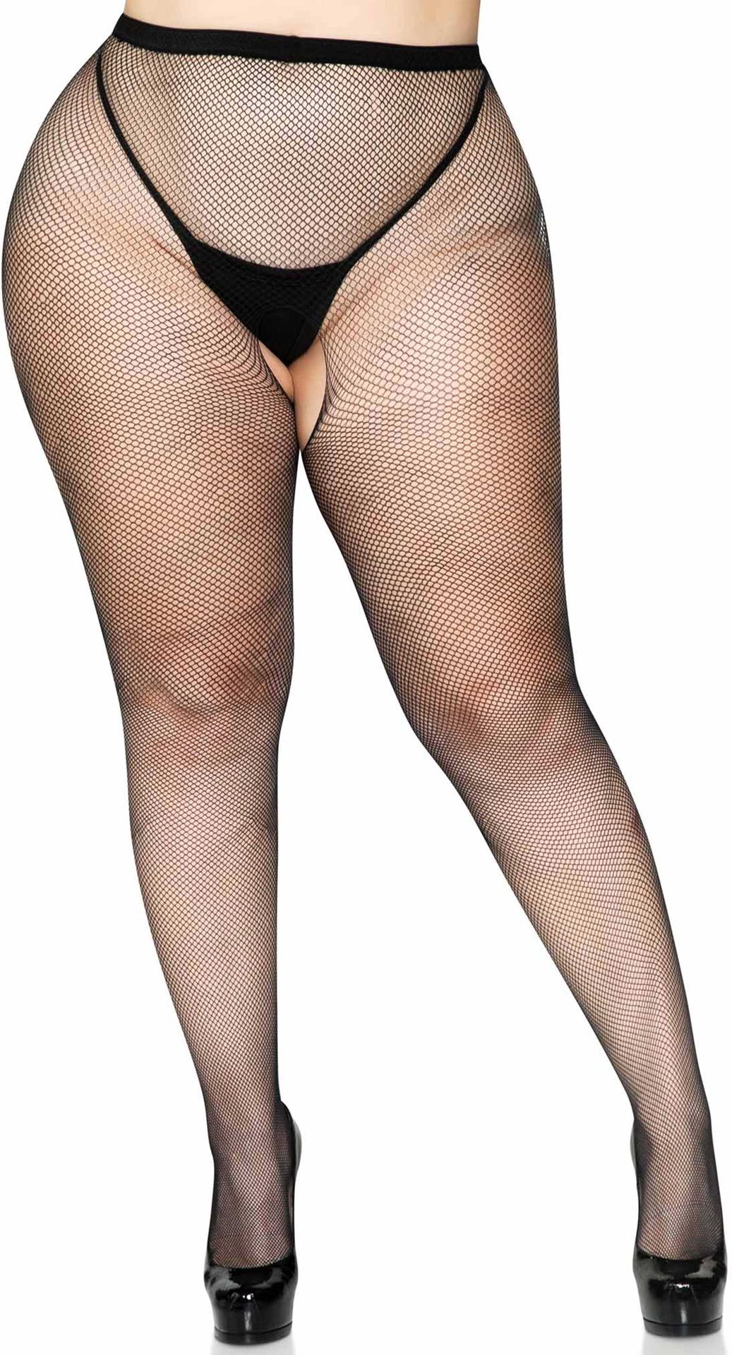 Kruisloze visnet panty zwart plus size