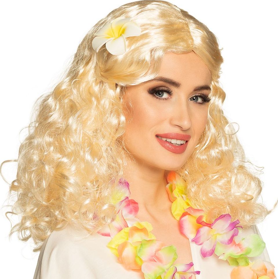 Krullende pruik hoog blond