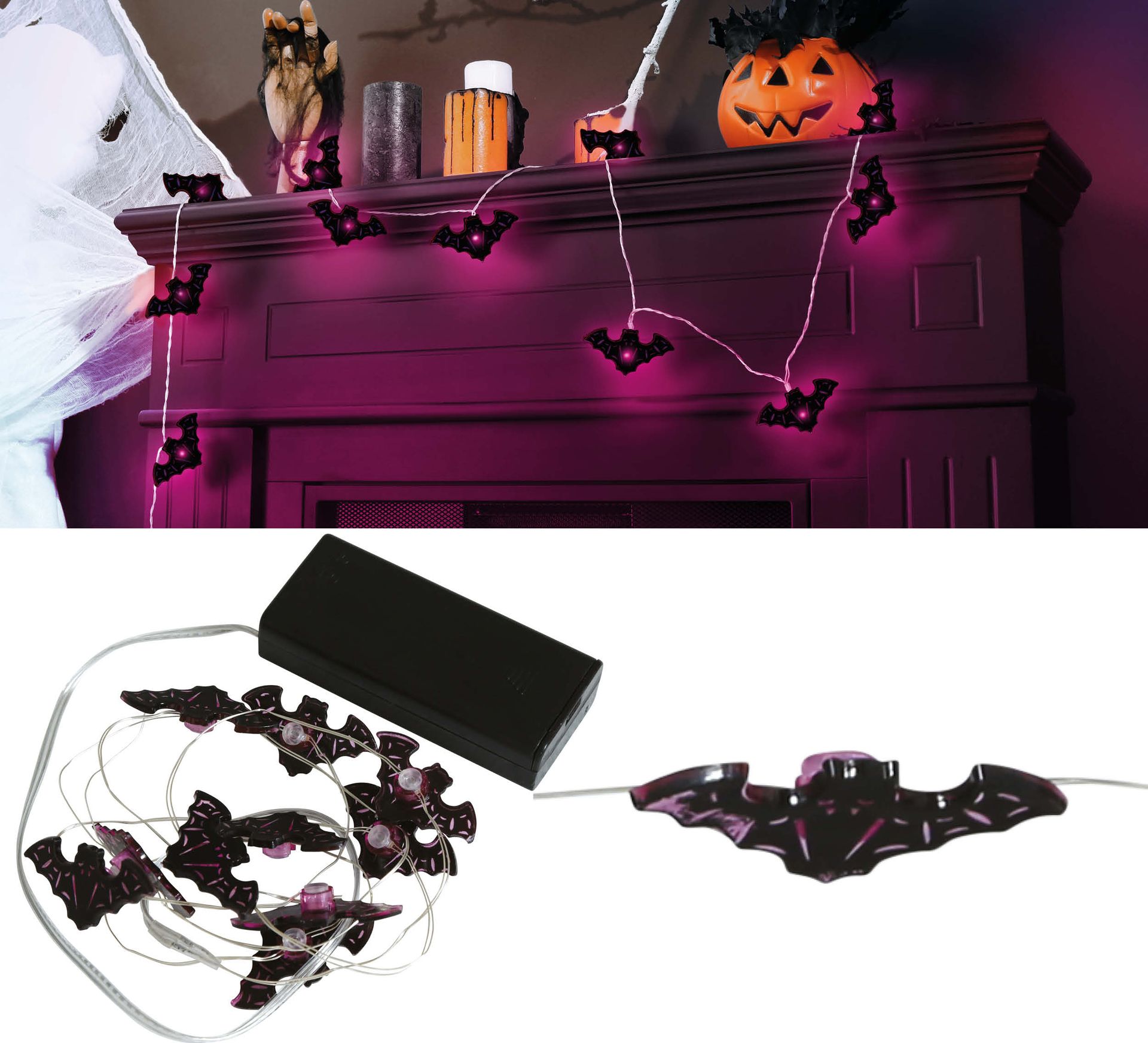 Lichtslinger 10 LED lampjes paars vleermuizen 300 cm halloween