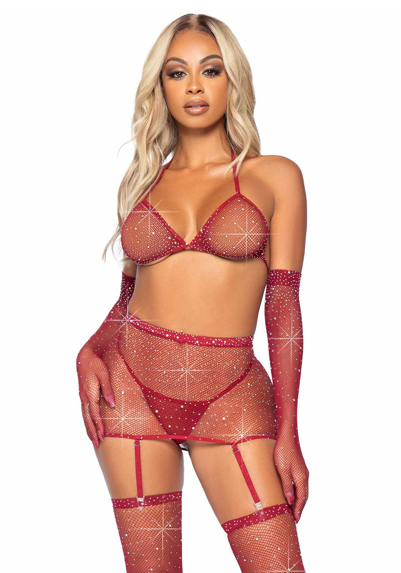 Luxe 5-delige bordeaux rode lingerieset dames