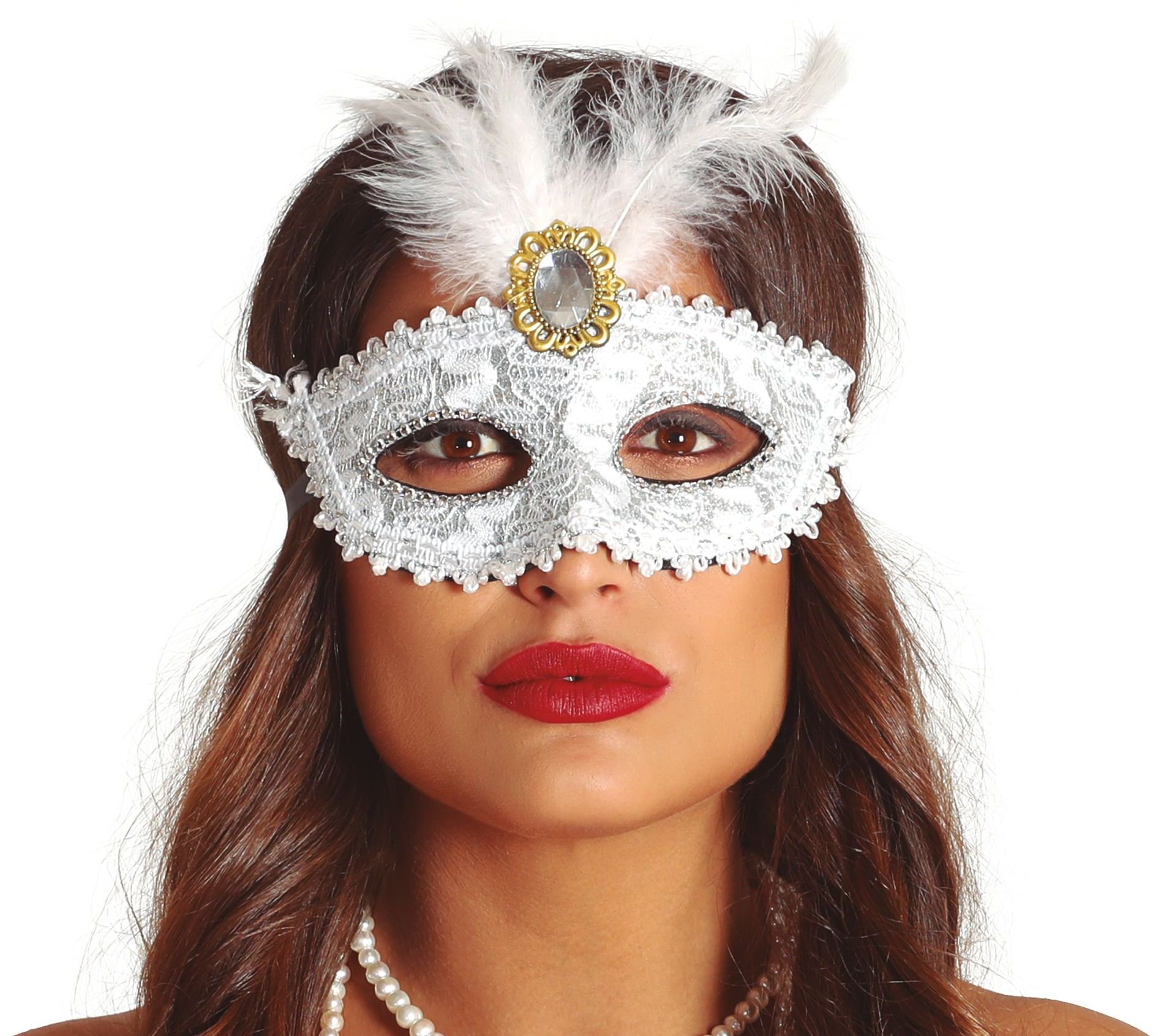 Masquerade oogmasker wit met veren
