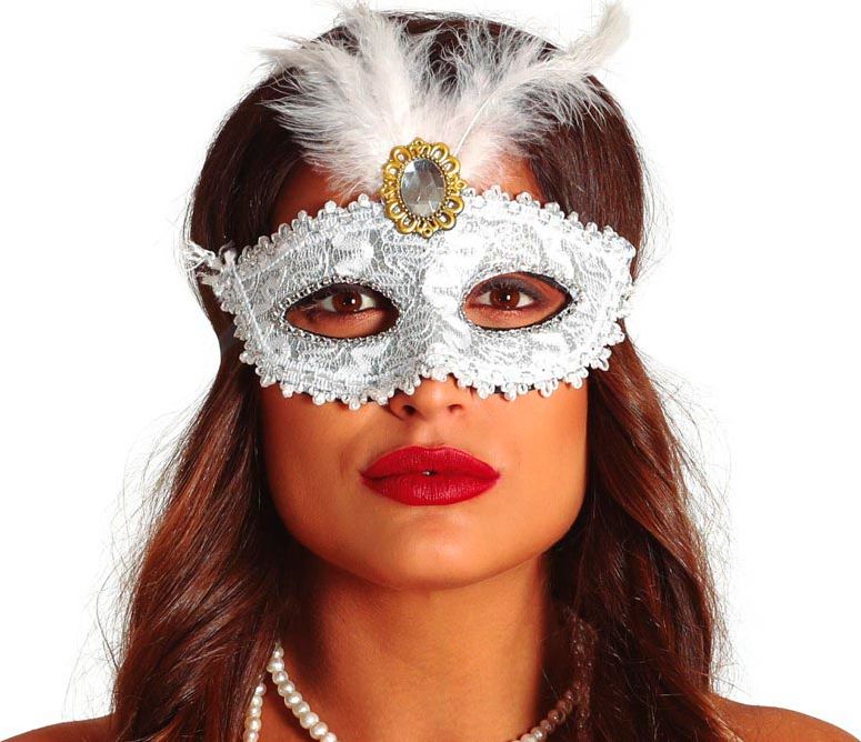 Masquerade oogmasker wit met veren