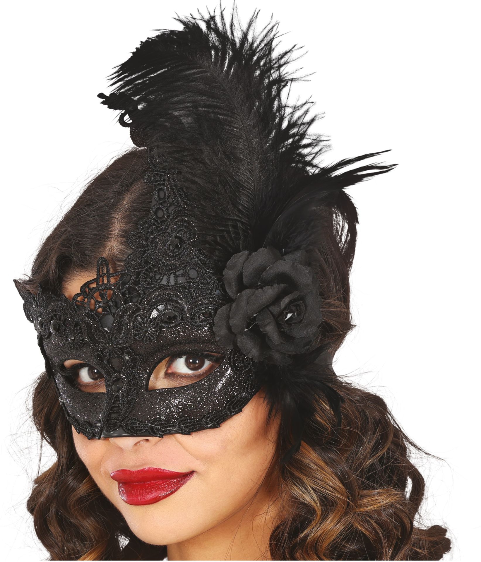 Masquerade Zwart Masker met Veer