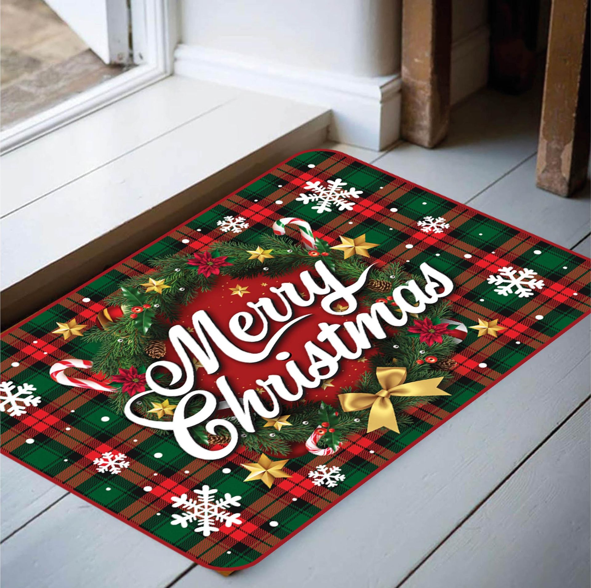 Merry christmas deurmat schotse ruit