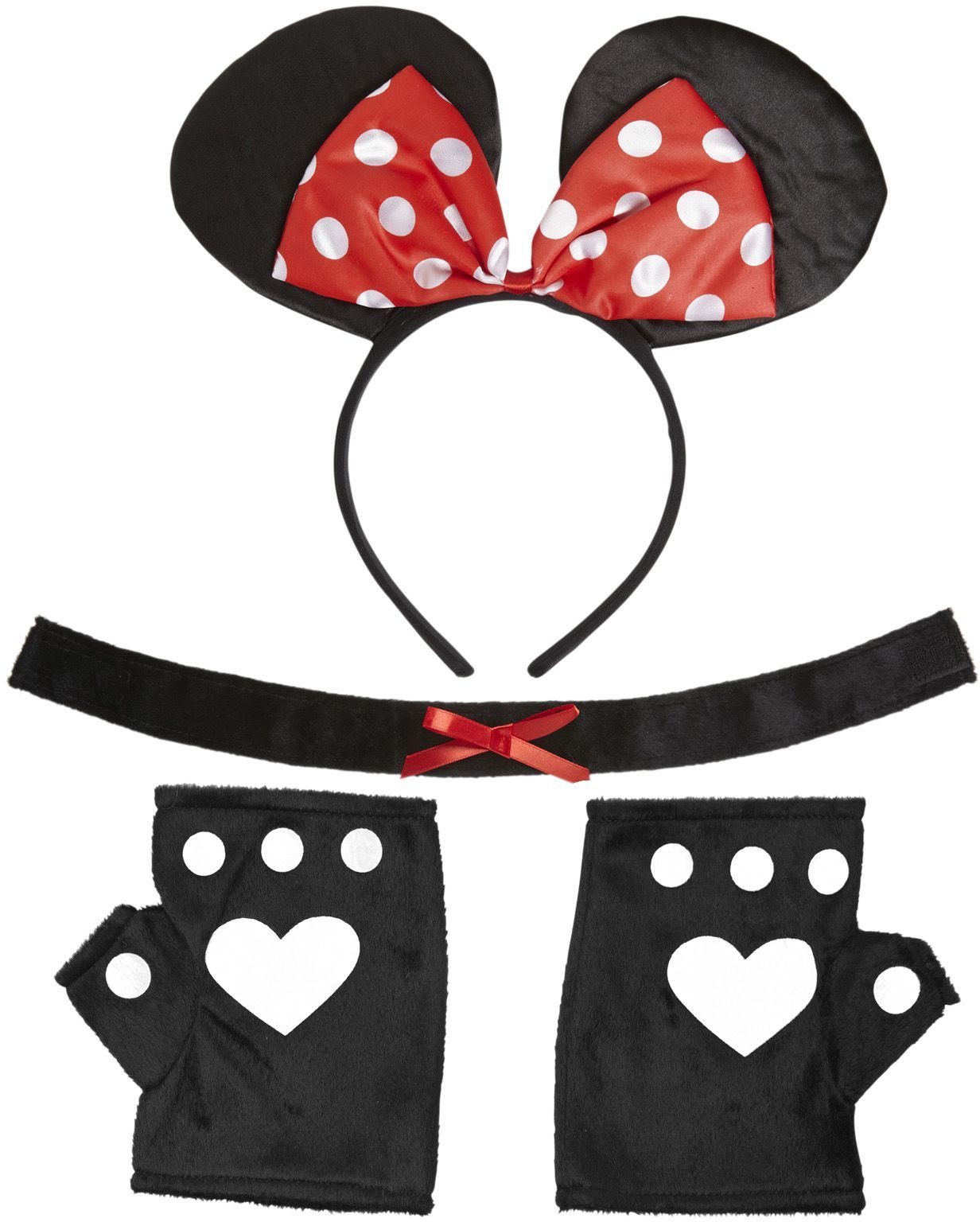 Minnie mouse oortjes, neus en handschoenen