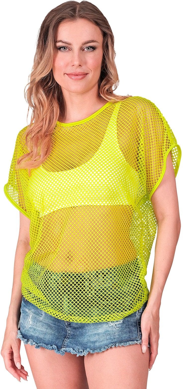 Neon Gele 80s Vrouwen Carnaval Visnet Shirt