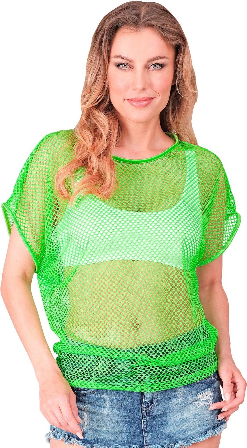 Neon Groene 80s Vrouwen Carnaval Visnet Shirt