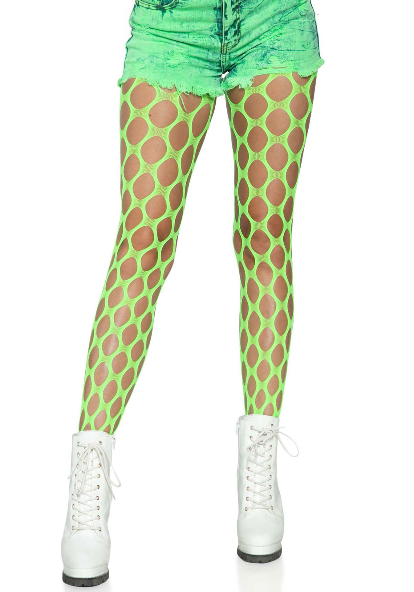Neon groene visnet panty met grote gaten
