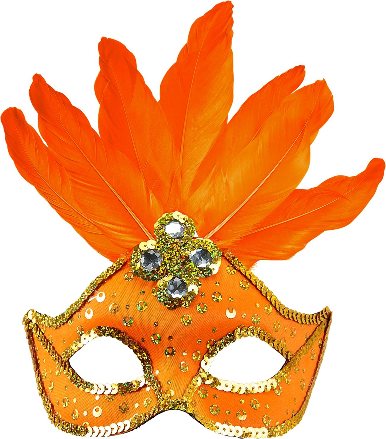 Neon oranje braziliaans oogmasker met parels en veren