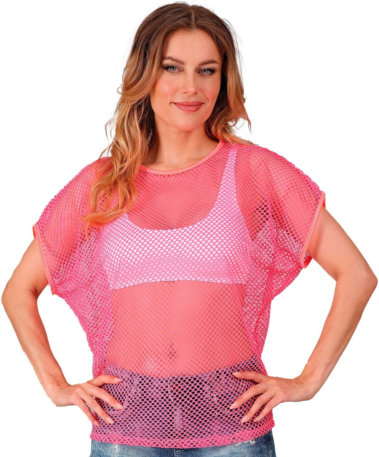 Neon Roze 80s Vrouwen Carnaval Visnet Shirt