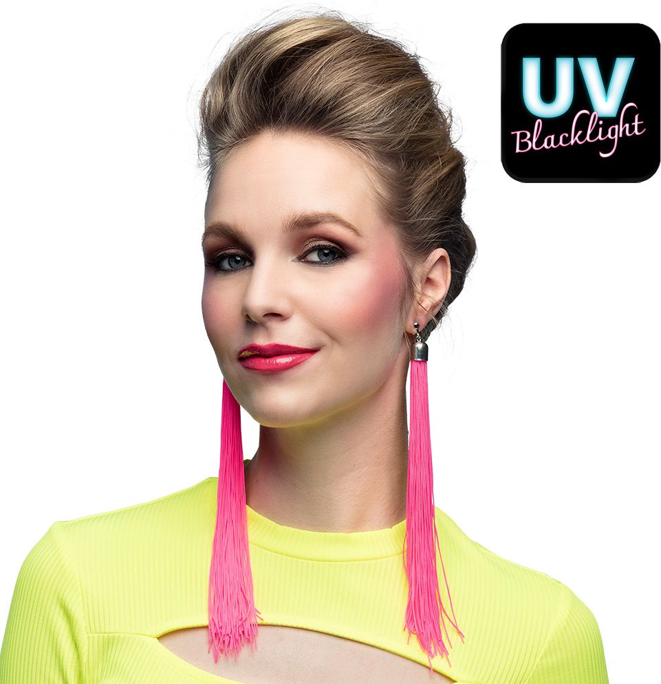 Neon Roze Festival Oorbellen Franjes 20Cm