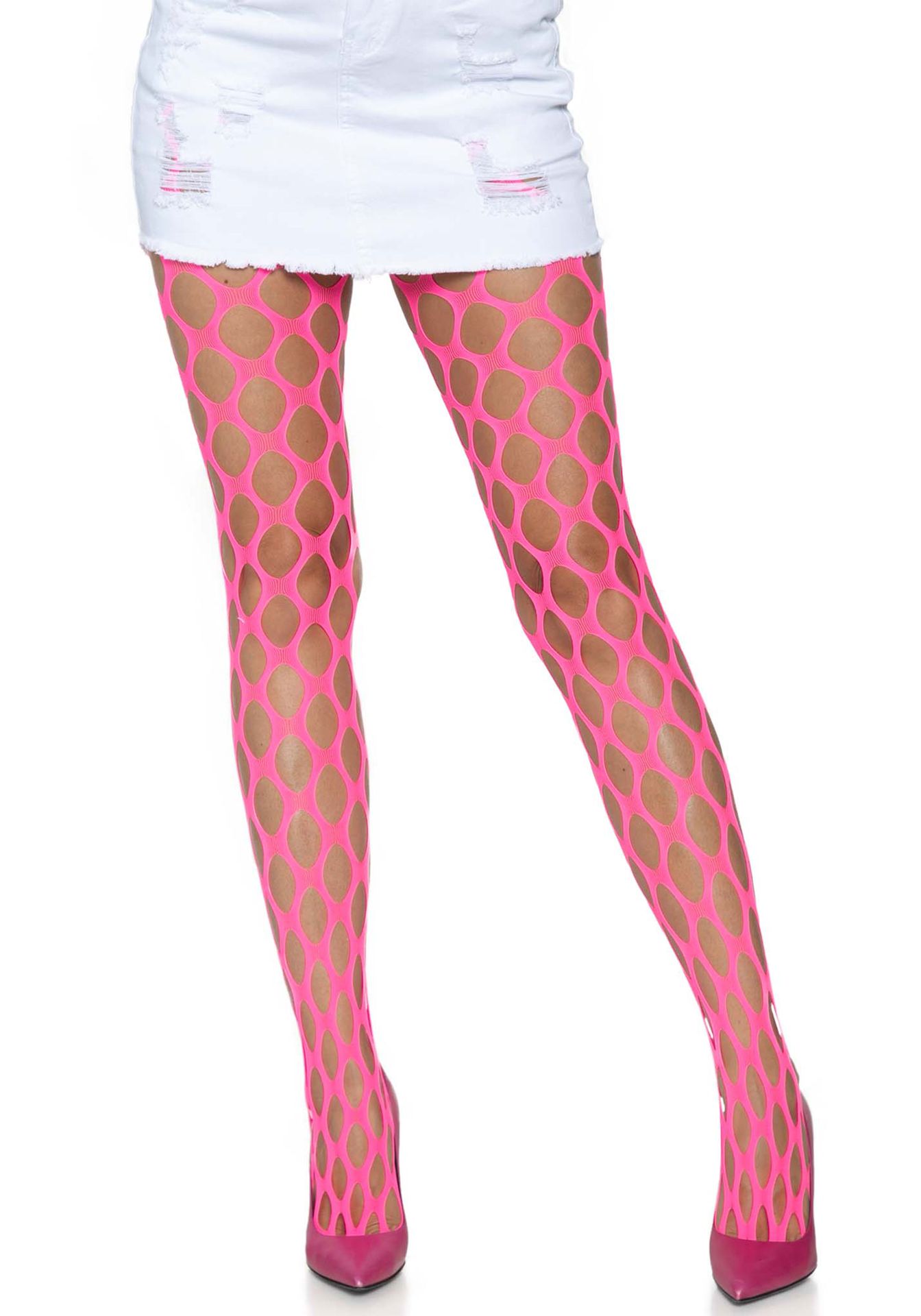 Neon roze visnet panty met grote gaten